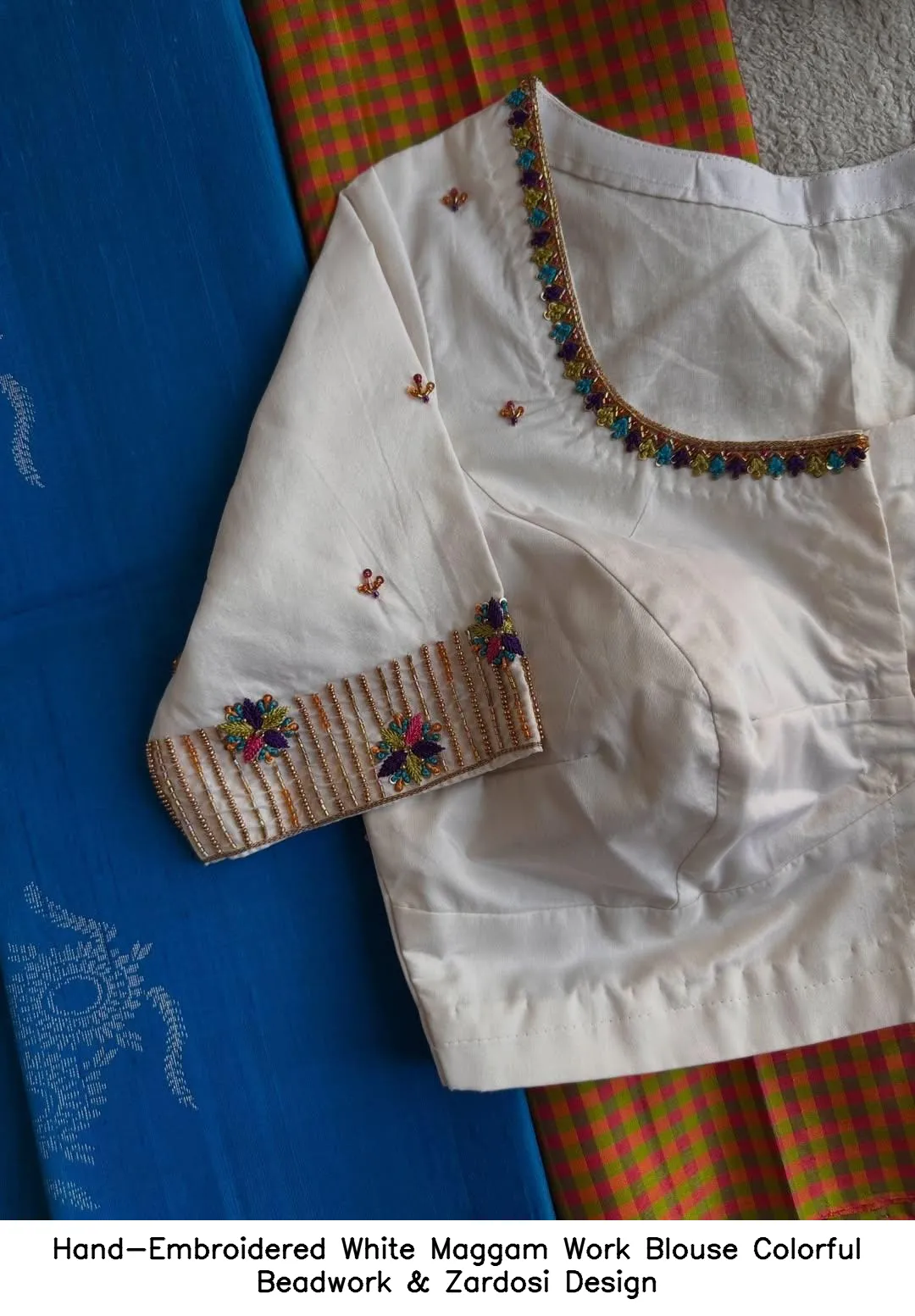Hand-Embroidered White Maggam Work Blouse – Colorful Beadwork & Zardosi Design