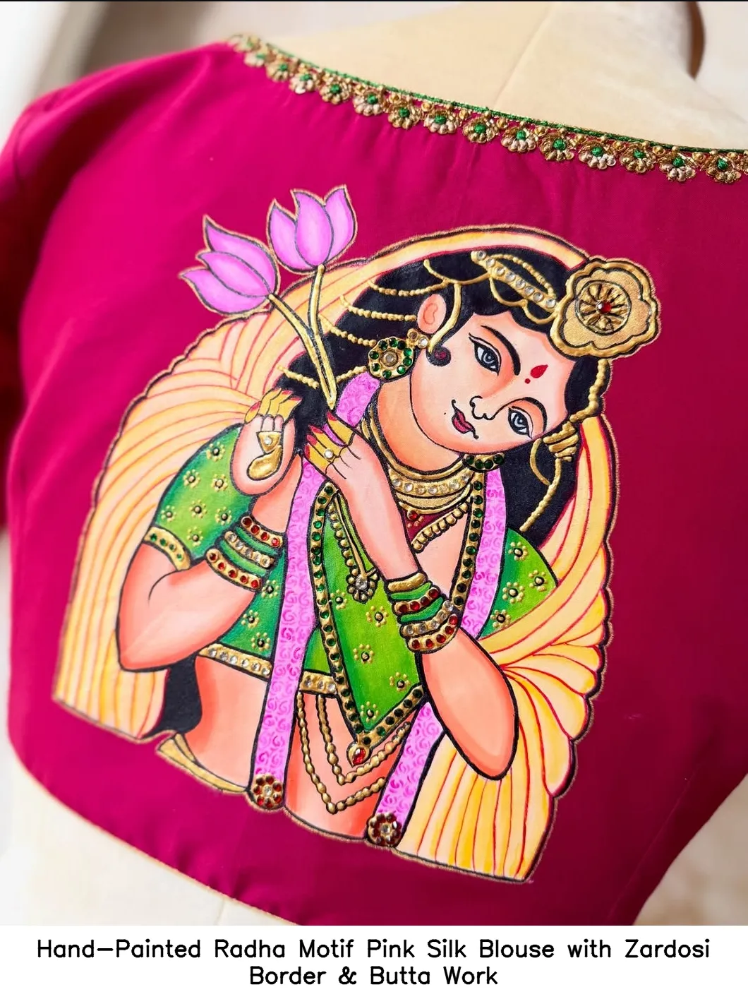 Hand-Painted Radha Motif Pink Silk Blouse with Zardosi Border & Butta Work