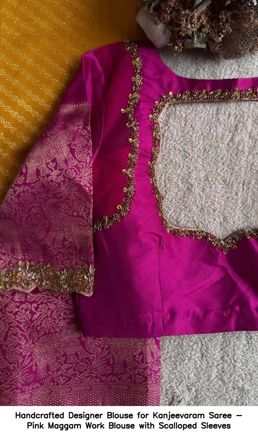 Handcrafted Designer Blouse for Kanjeevaram Saree - Pink Maggam Work Blouse with Scalloped Sleeves
