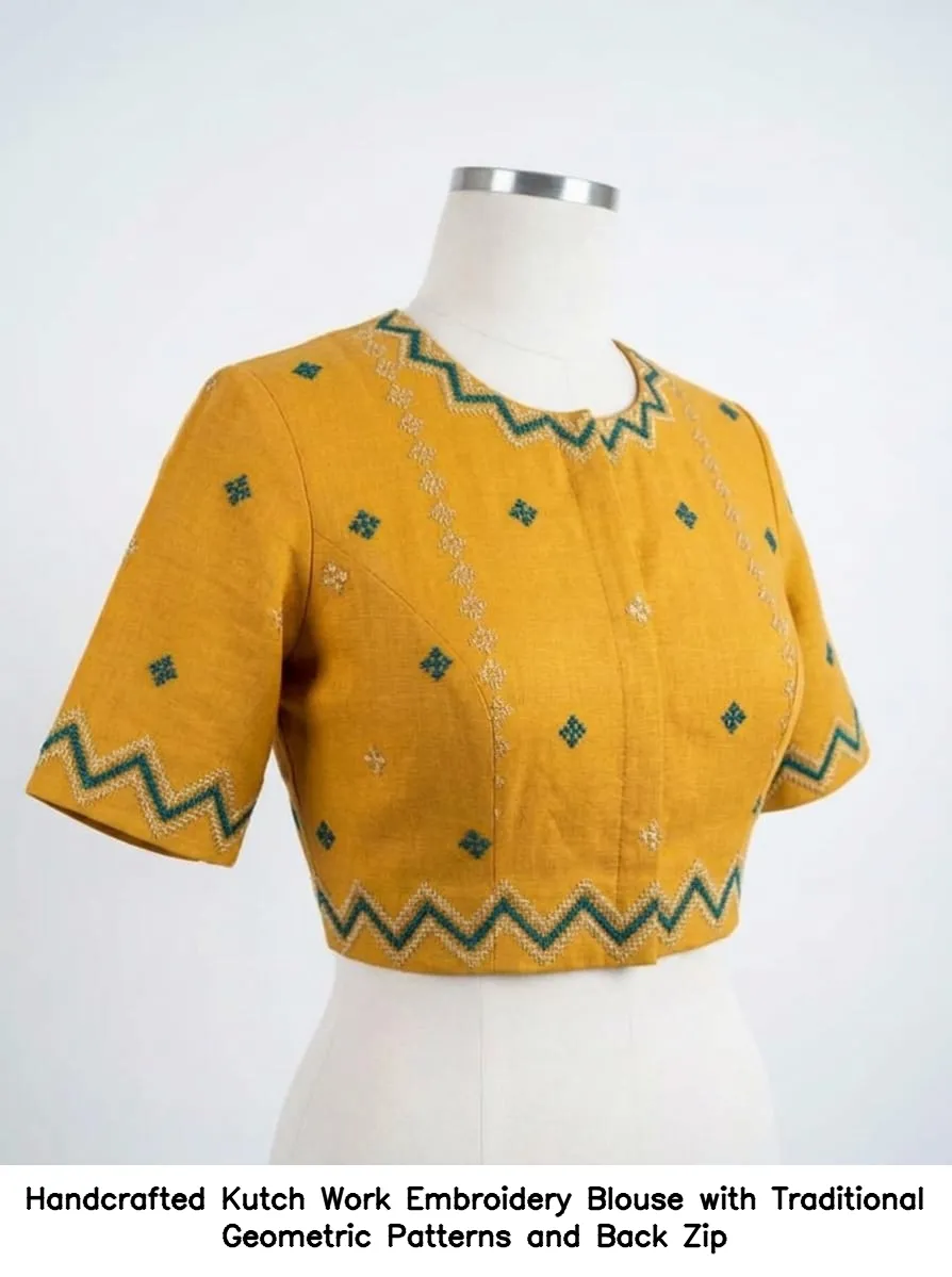 Handcrafted Kutch Work Embroidery Blouse with Traditional Geometric Patterns and Back Zip