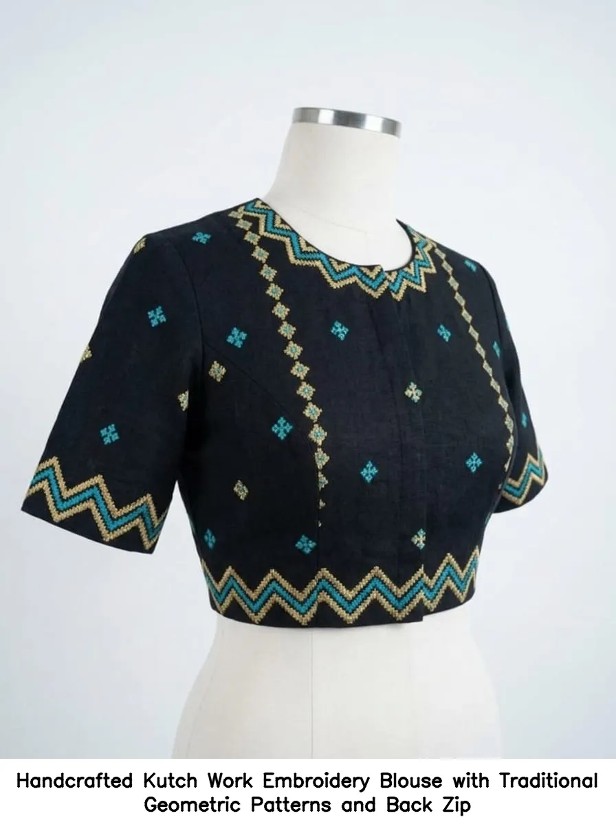 Handcrafted Kutch Work Embroidery Blouse with Traditional Geometric Patterns and Back Zip