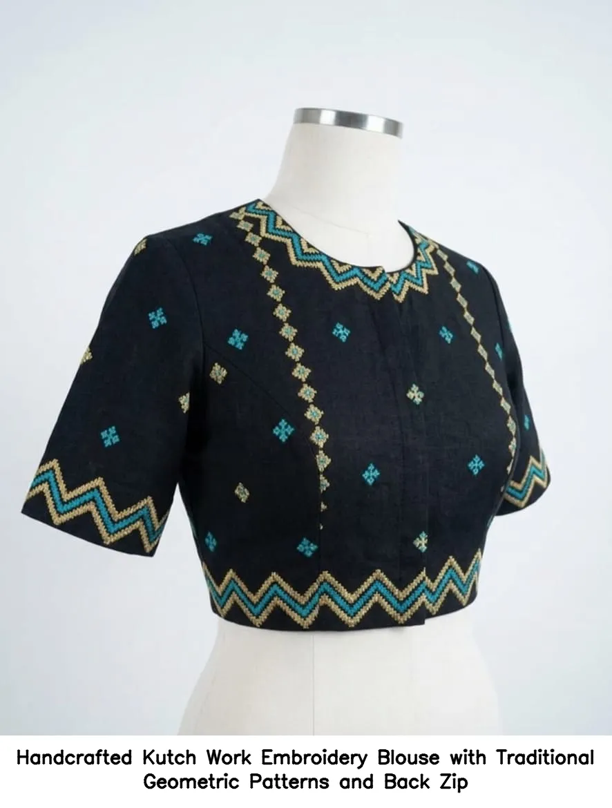 Handcrafted Kutch Work Embroidery Blouse with Traditional Geometric Patterns and Back Zip