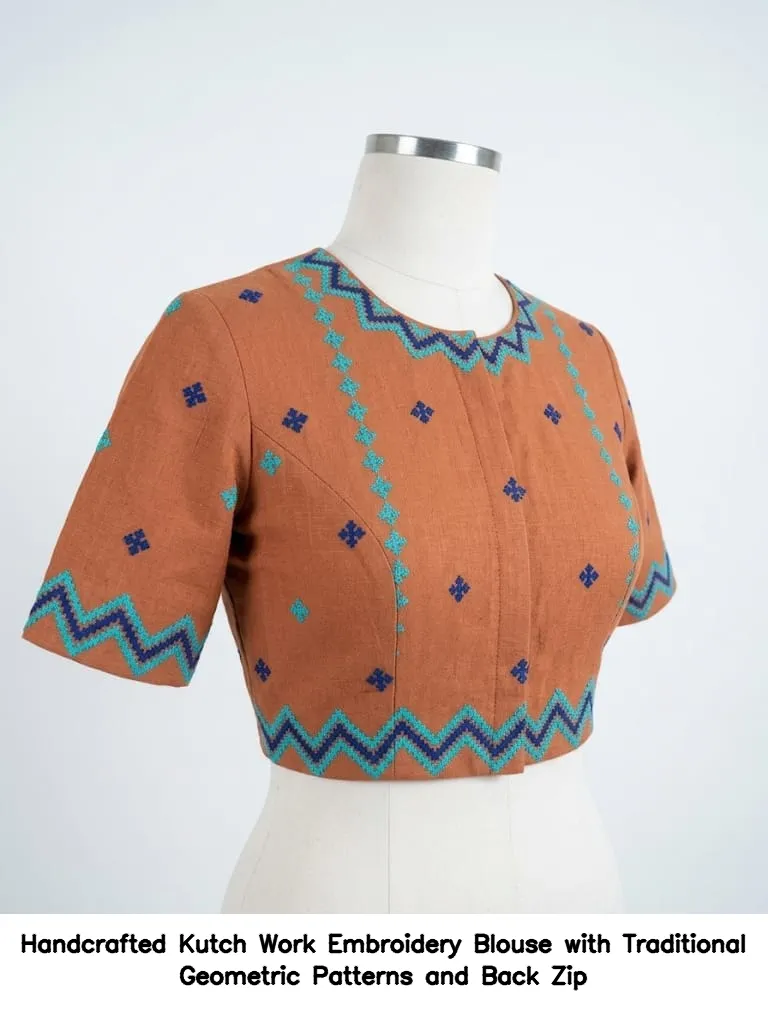 Handcrafted Kutch Work Embroidery Blouse with Traditional Geometric Patterns and Back Zip