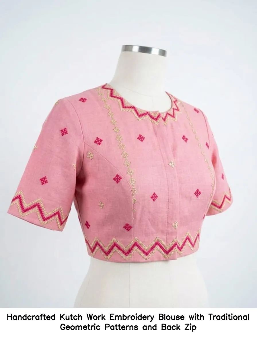 Handcrafted Kutch Work Embroidery Blouse with Traditional Geometric Patterns and Back Zip