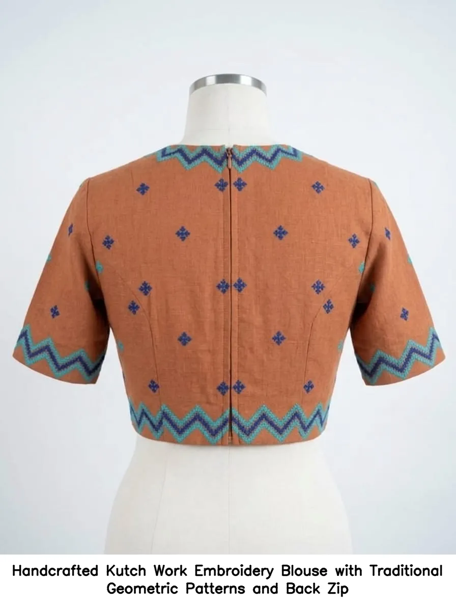 Handcrafted Kutch Work Embroidery Blouse with Traditional Geometric Patterns and Back Zip