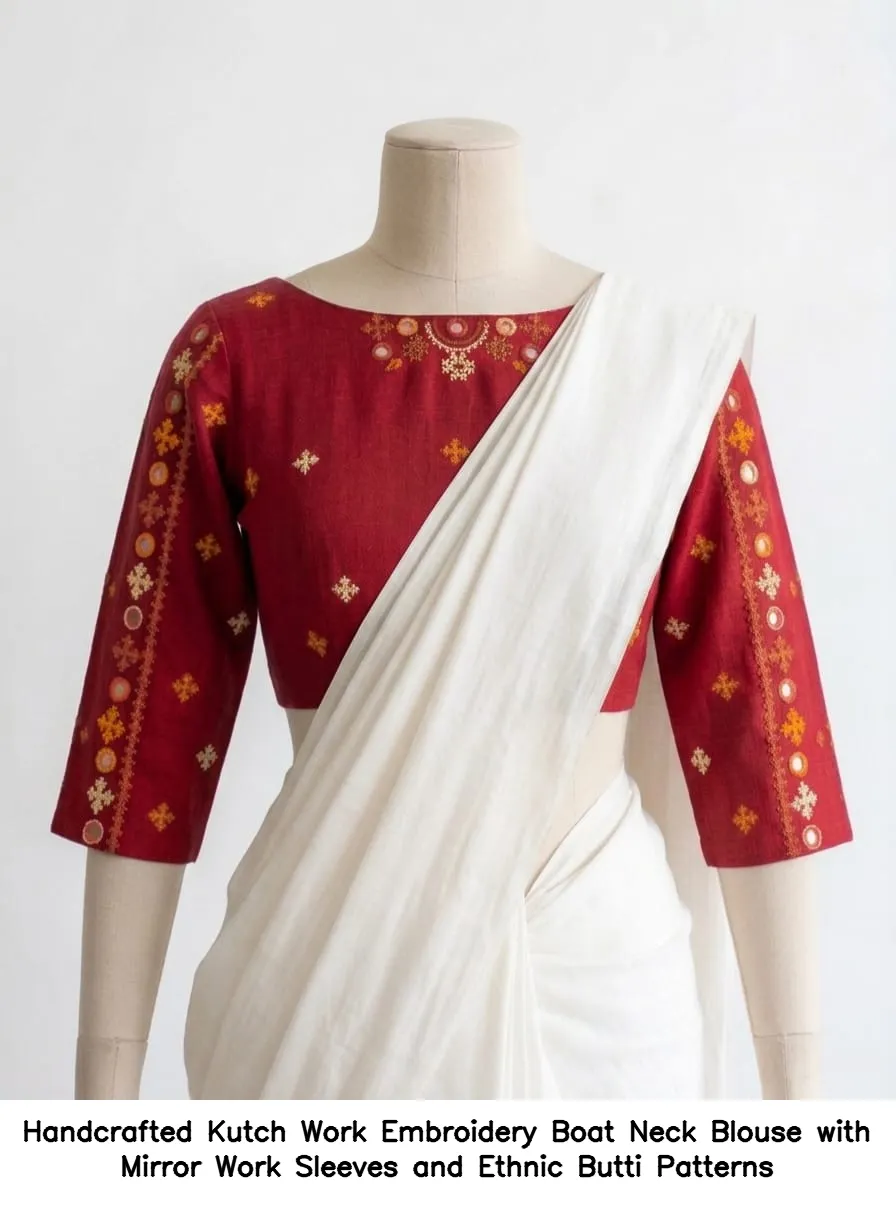 Handcrafted Kutch Work Embroidery Boat Neck Blouse with Mirror Work Sleeves and Ethnic Butti Patterns