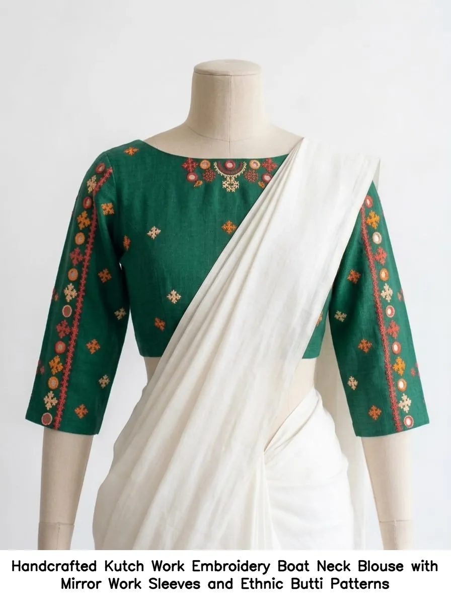 Handcrafted Kutch Work Embroidery Boat Neck Blouse with Mirror Work Sleeves and Ethnic Butti Patterns