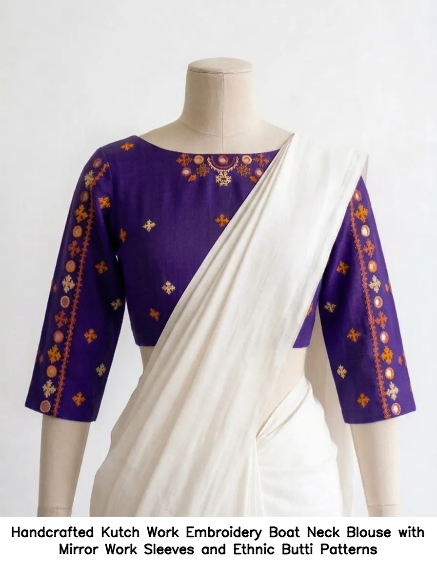 Handcrafted Kutch Work Embroidery Boat Neck Blouse with Mirror Work Sleeves and Ethnic Butti Patterns