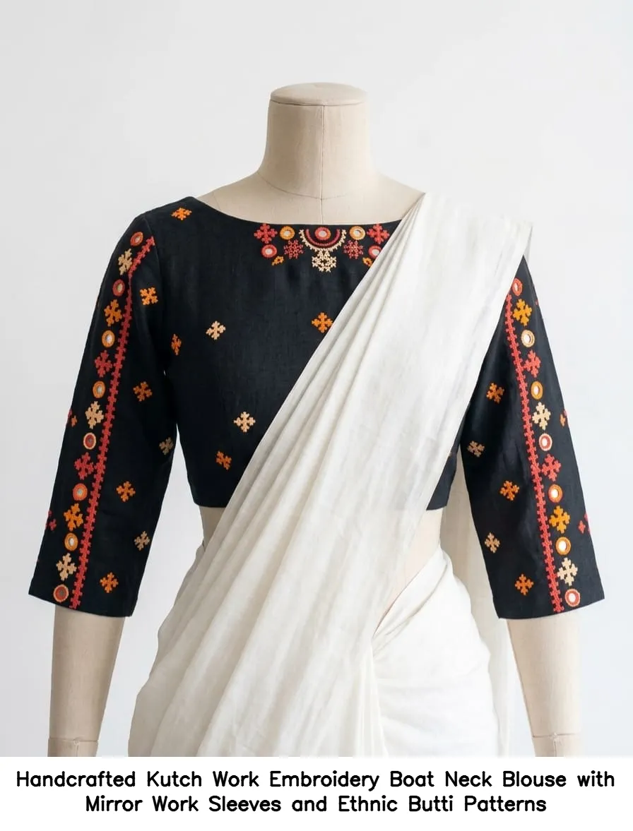 Handcrafted Kutch Work Embroidery Boat Neck Blouse with Mirror Work Sleeves and Ethnic Butti Patterns