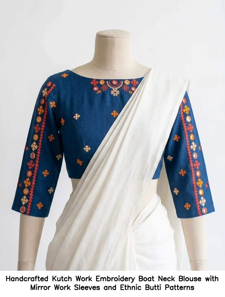Handcrafted Kutch Work Embroidery Boat Neck Blouse with Mirror Work Sleeves and Ethnic Butti Patterns