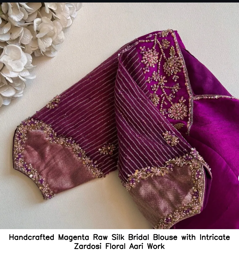 Handcrafted Magenta Raw Silk Bridal Blouse with Intricate Zardosi Floral Aari Work