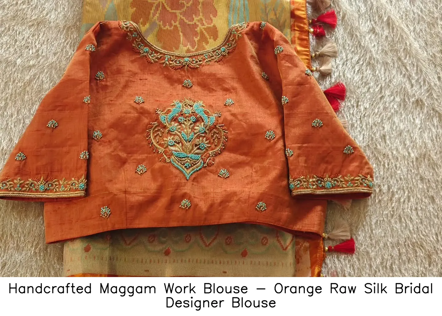 Handcrafted Maggam Work Blouse - Orange Raw Silk Bridal Designer Blouse