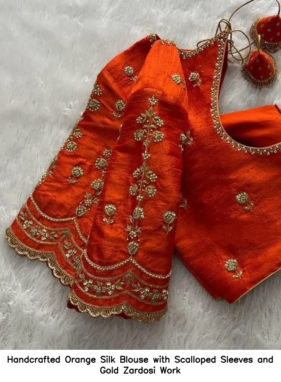 Handcrafted Orange Silk Blouse with Scalloped Sleeves and Gold Zardosi Work