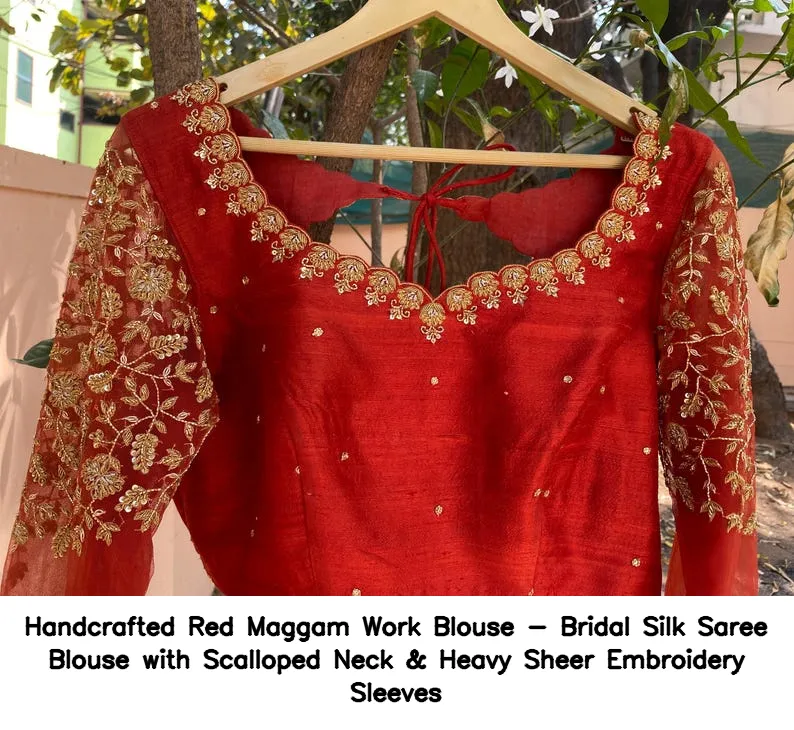 Handcrafted Red Maggam Work Blouse - Bridal Silk Saree Blouse with Scalloped Neck & Heavy Sheer Embroidery Sleeves