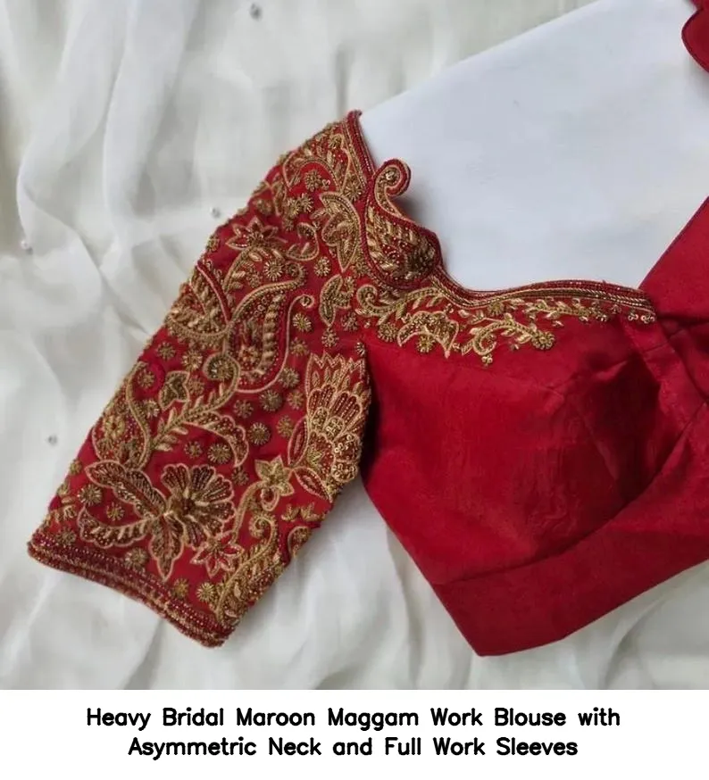 Heavy Bridal Maroon Maggam Work Blouse with Asymmetric Neck and Full Work Sleeves