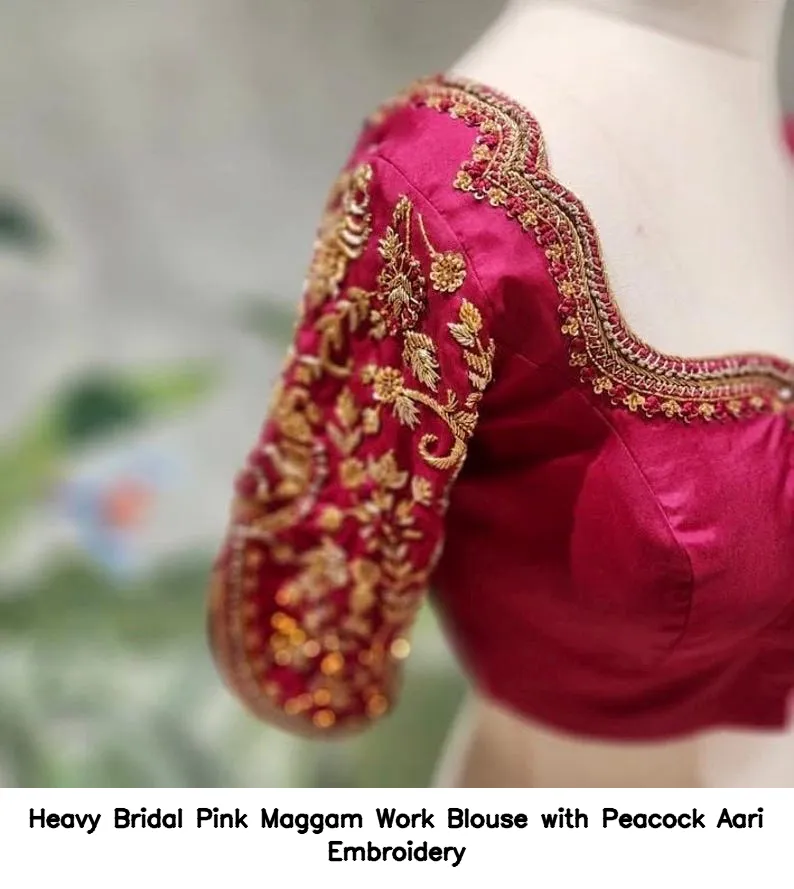 Heavy Bridal Pink Maggam Work Blouse with Peacock Aari Embroidery
