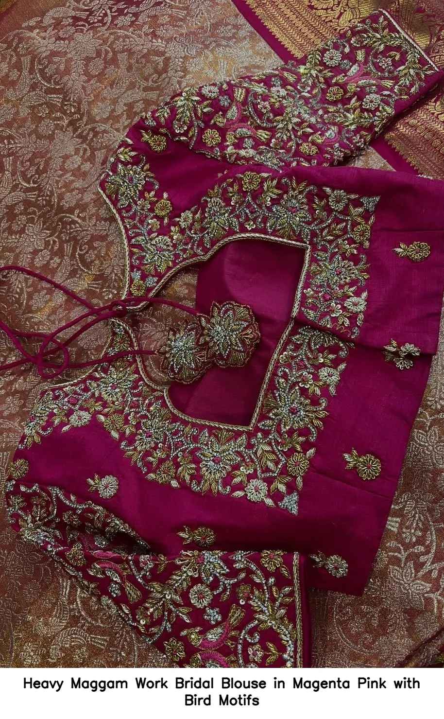 Heavy Maggam Work Bridal Blouse in Magenta Pink with Bird Motifs