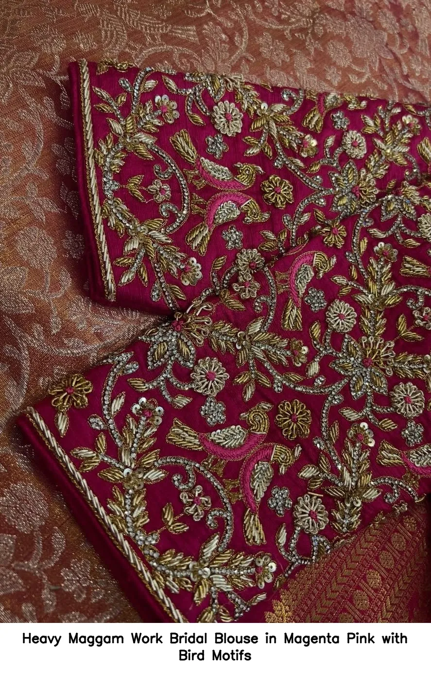 Heavy Maggam Work Bridal Blouse in Magenta Pink with Bird Motifs