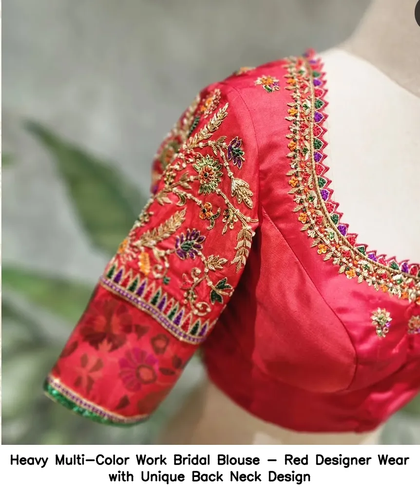 Heavy Multi-Color Work Bridal Blouse - Red Designer Wear with Unique Back Neck Design