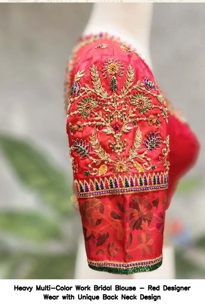 Heavy Multi-Color Work Bridal Blouse - Red Designer Wear with Unique Back Neck Design