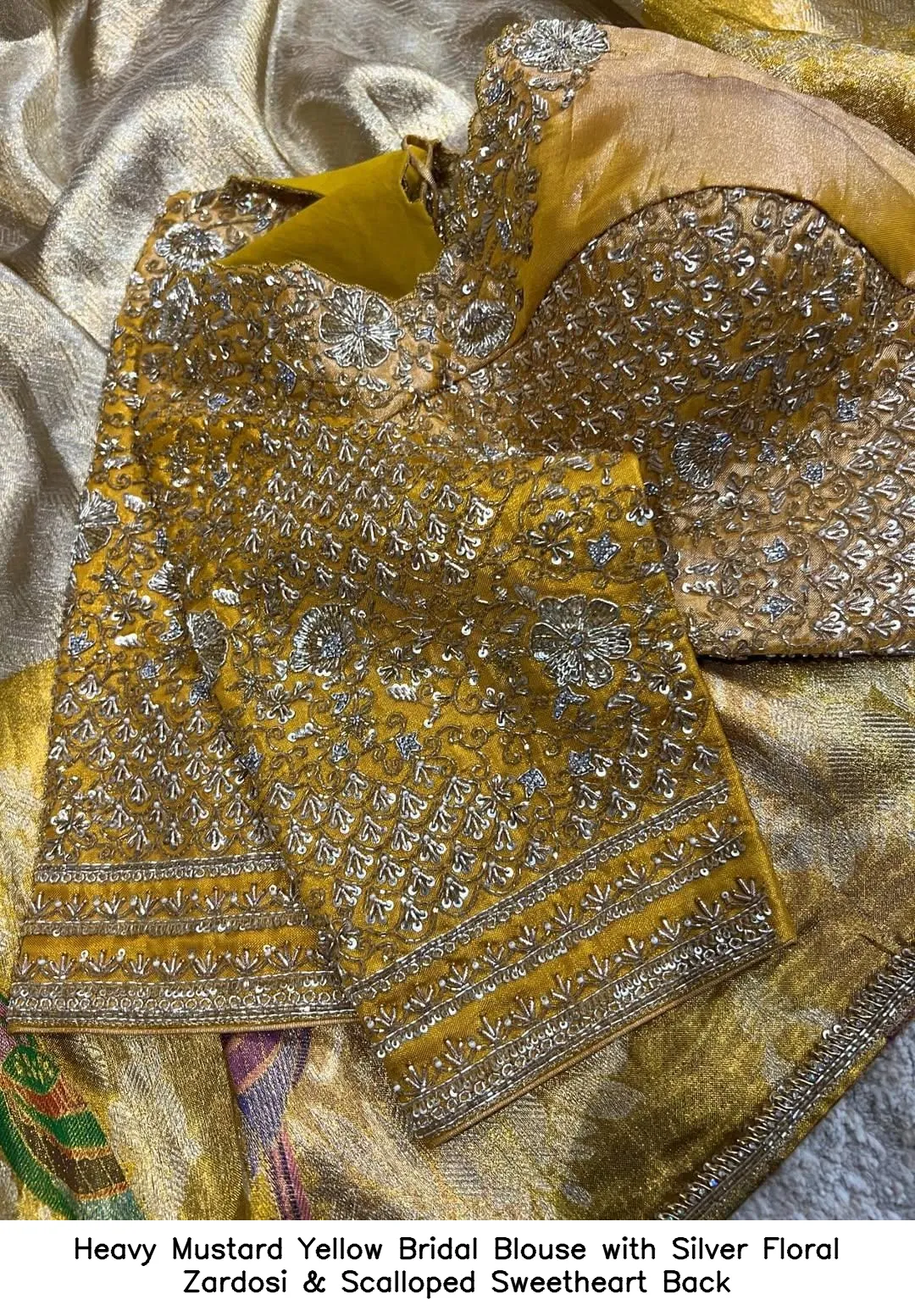 Heavy Mustard Yellow Bridal Blouse with Silver Floral Zardosi & Scalloped Sweetheart Back