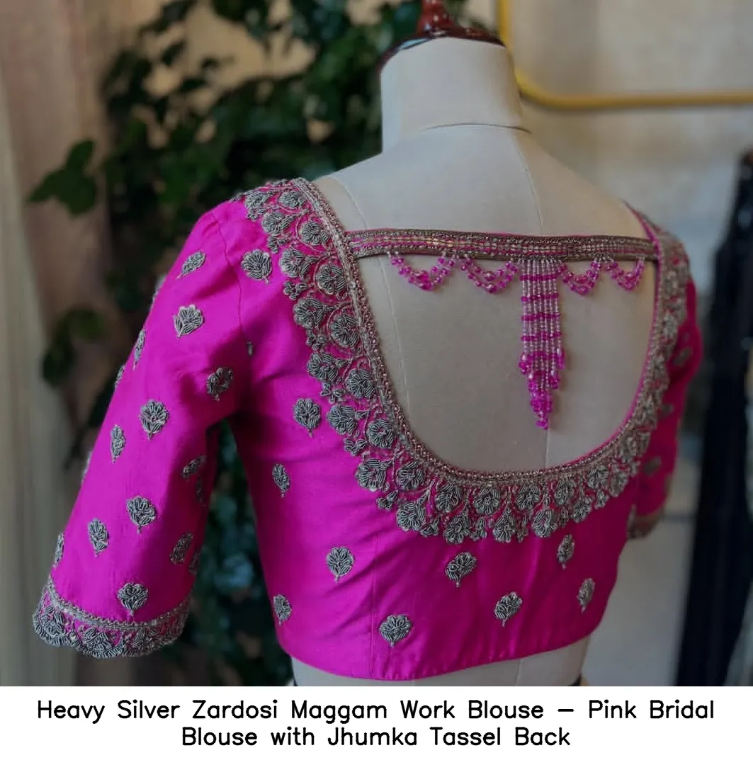 Heavy Silver Zardosi Maggam Work Blouse - Pink Bridal Blouse with Jhumka Tassel Back