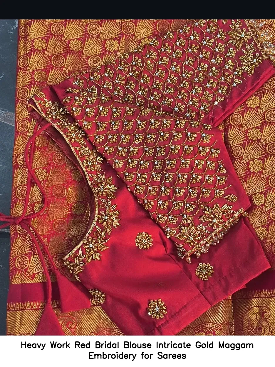 Heavy Work Red Bridal Blouse – Intricate Gold Maggam Embroidery for Sarees