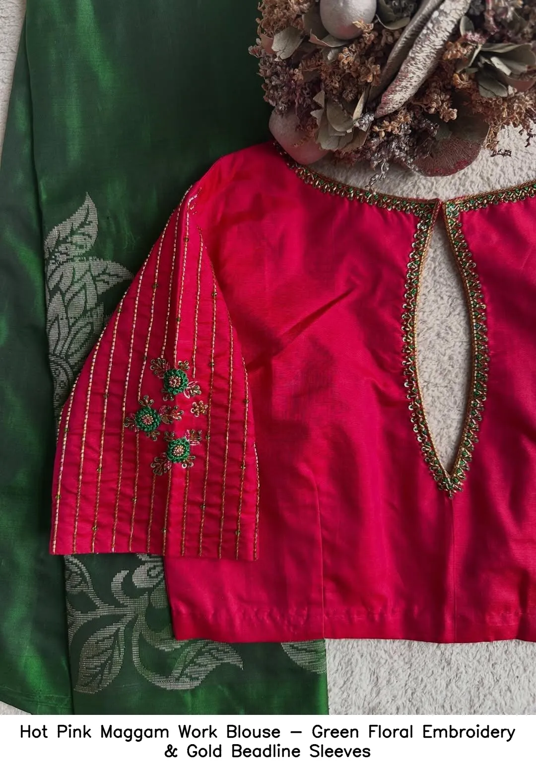 Hot Pink Maggam Work Blouse - Green Floral Embroidery & Gold Beadline Sleeves