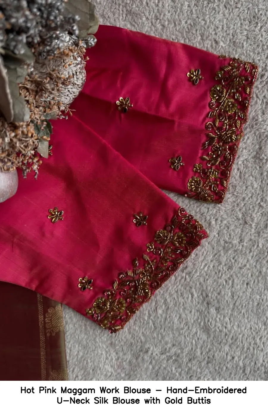 Hot Pink Maggam Work Blouse - Hand-Embroidered U-Neck Silk Blouse with Gold Buttis - Image 2
