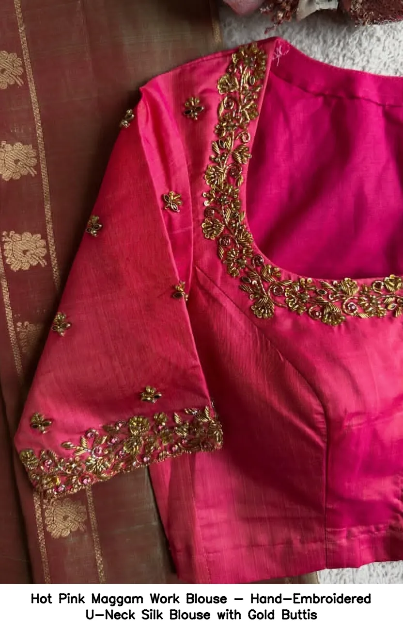 Hot Pink Maggam Work Blouse - Hand-Embroidered U-Neck Silk Blouse with Gold Buttis - Image 3