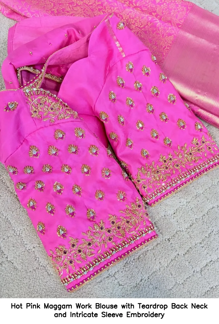 Hot Pink Maggam Work Blouse with Teardrop Back Neck and Intricate Sleeve Embroidery