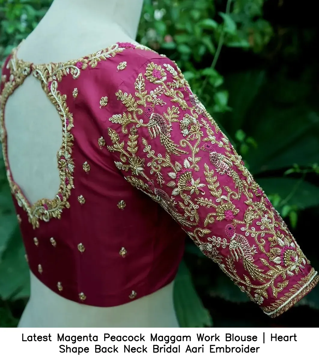 Latest Magenta Peacock Maggam Work Blouse | Heart Shape Back Neck Bridal Aari Embroider