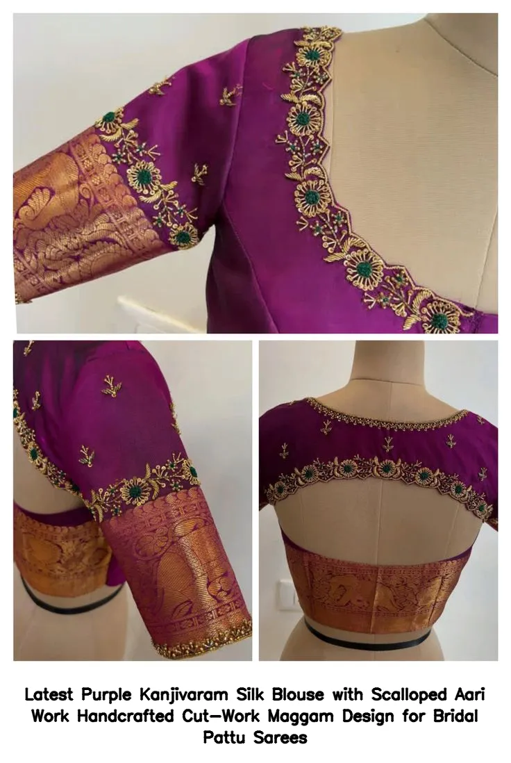Latest Purple Kanjivaram Silk Blouse with Scalloped Aari Work – Handcrafted Cut-Work Maggam Design for Bridal Pattu Sarees