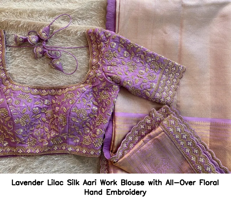 Lavender Lilac Silk Aari Work Blouse with All-Over Floral Hand Embroidery