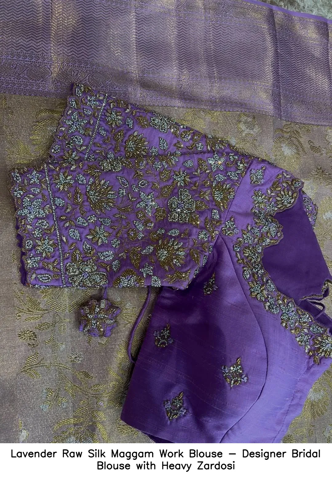 Lavender Raw Silk Maggam Work Blouse - Designer Bridal Blouse with Heavy Zardosi
