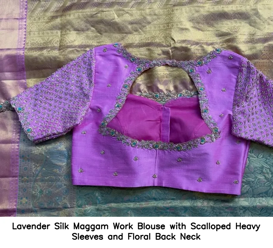 Lavender Silk Maggam Work Blouse with Scalloped Heavy Sleeves and Floral Back Neck
