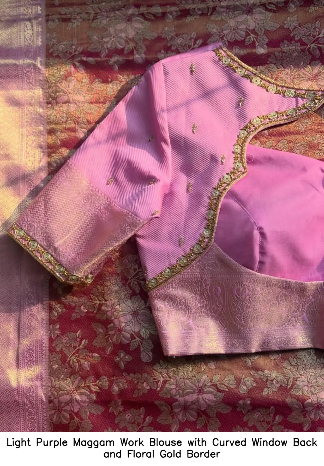 Light Purple Maggam Work Blouse with Curved Window Back and Floral Gold Border