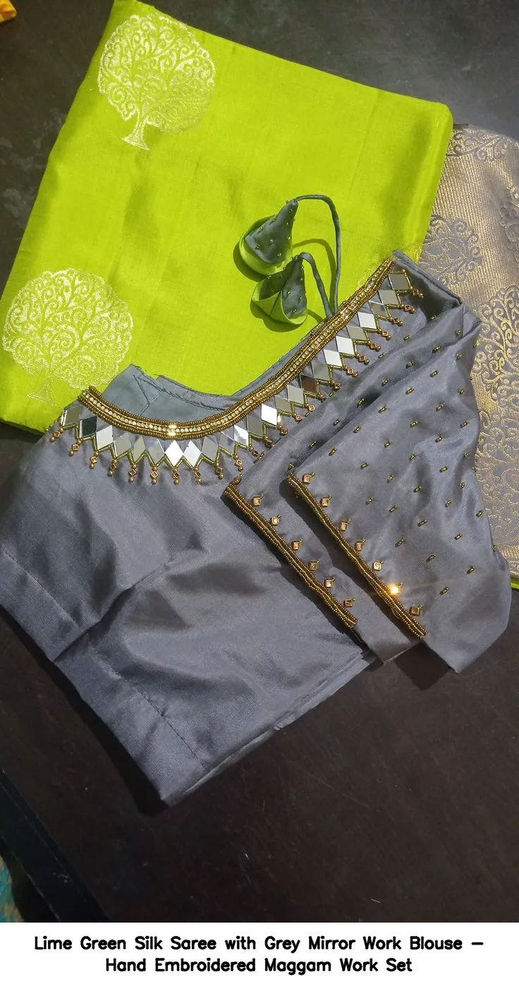 Lime Green Silk Saree with Grey Mirror Work Blouse - Hand Embroidered Maggam Work Set