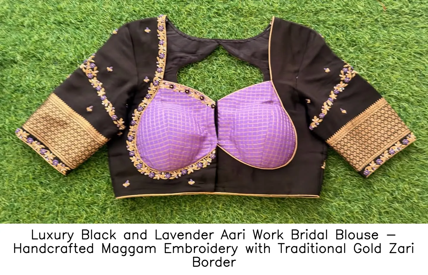 Luxury Black and Lavender Aari Work Bridal Blouse - Handcrafted Maggam Embroidery with Traditional Gold Zari Border