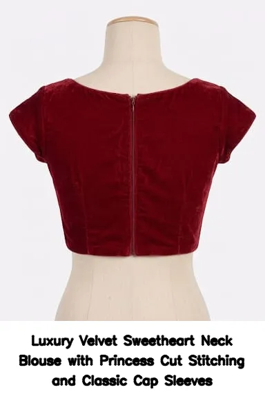 Luxury Velvet Sweetheart Neck Blouse with Princess Cut Stitching and Classic Cap Sleeves