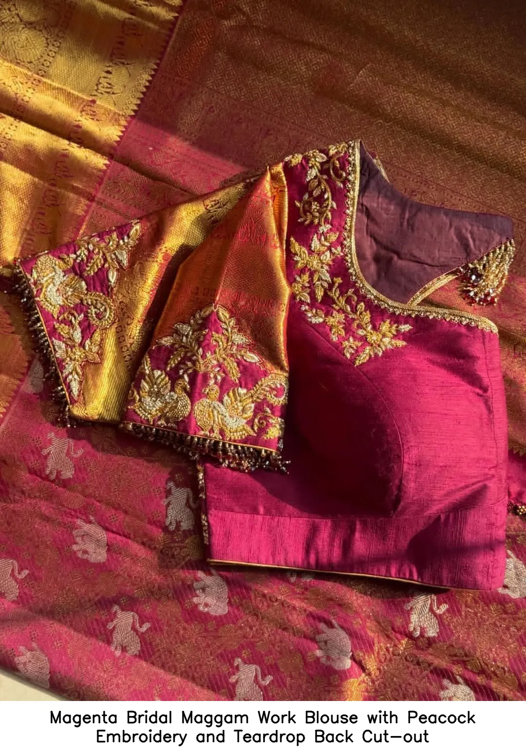 Magenta Bridal Maggam Work Blouse with Peacock Embroidery and Teardrop Back Cut-out