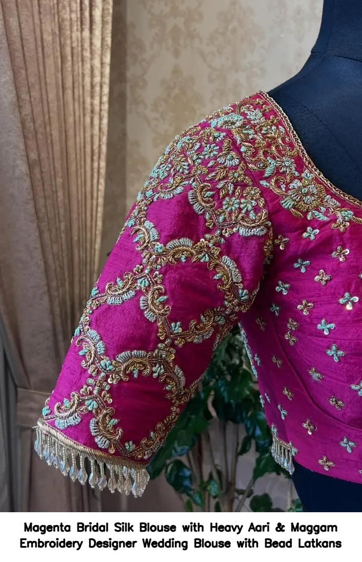 Magenta Bridal Silk Blouse with Heavy Aari & Maggam Embroidery – Designer Wedding Blouse with Bead Latkans - Image 2