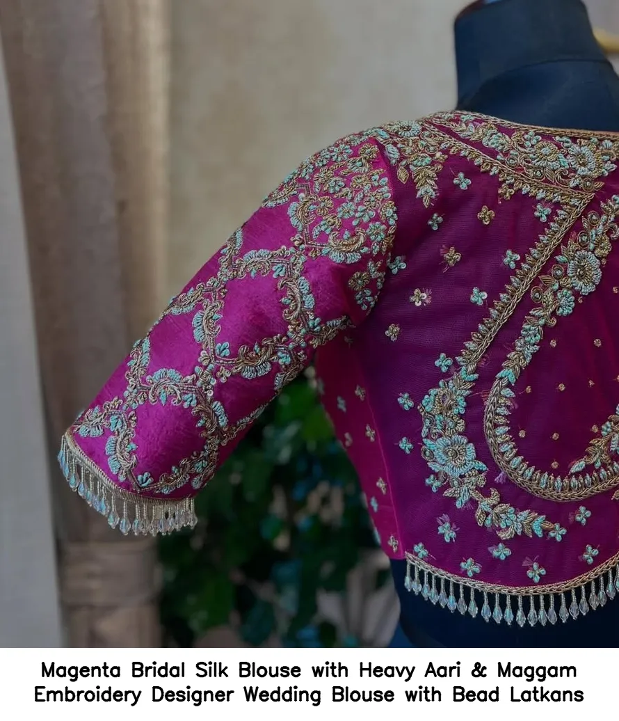 Magenta Bridal Silk Blouse with Heavy Aari & Maggam Embroidery – Designer Wedding Blouse with Bead Latkans - Image 3