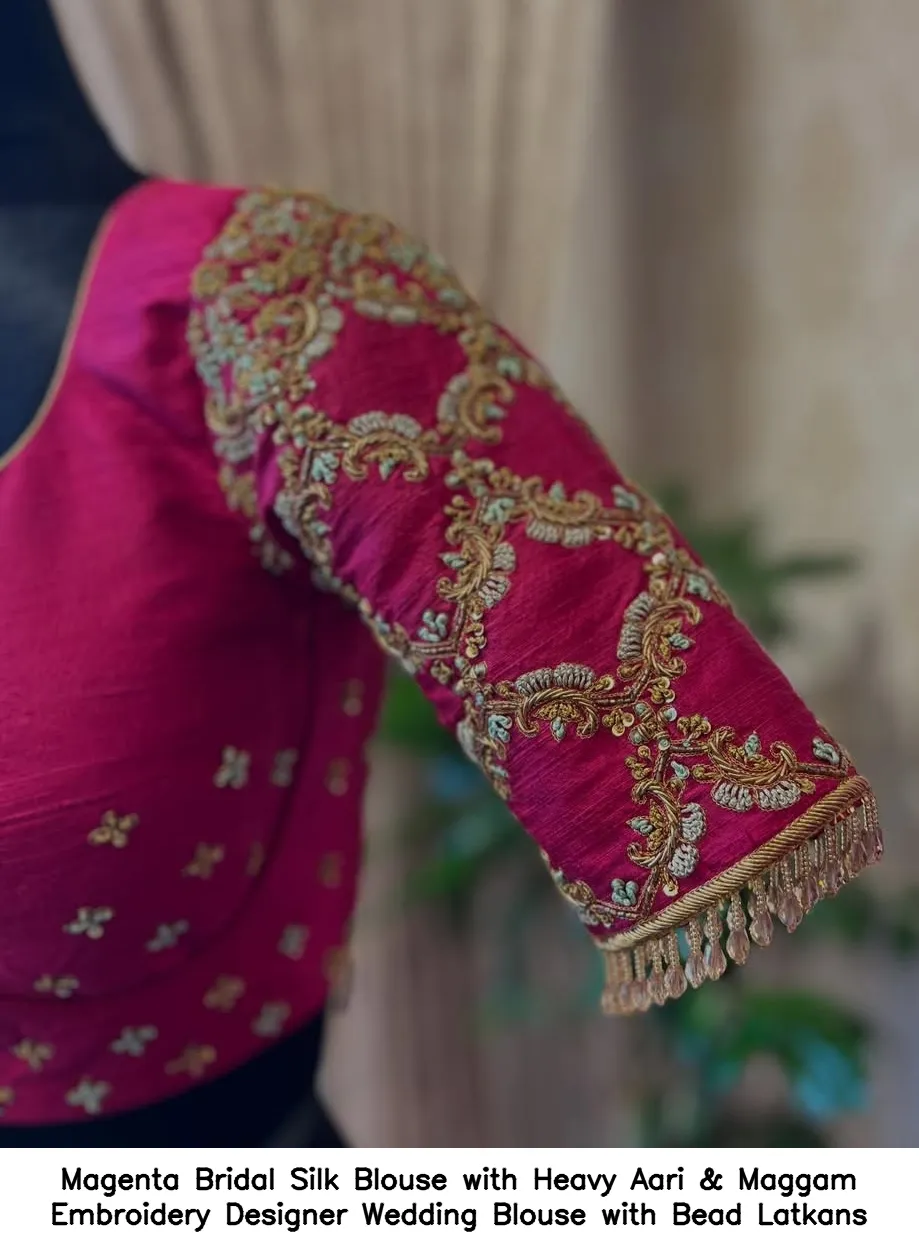 Magenta Bridal Silk Blouse with Heavy Aari & Maggam Embroidery – Designer Wedding Blouse with Bead Latkans - Image 4