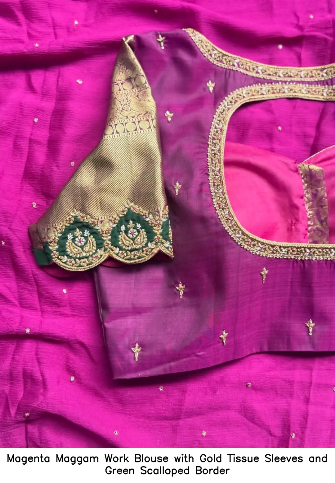 Magenta Maggam Work Blouse with Gold Tissue Sleeves and Green Scalloped Border