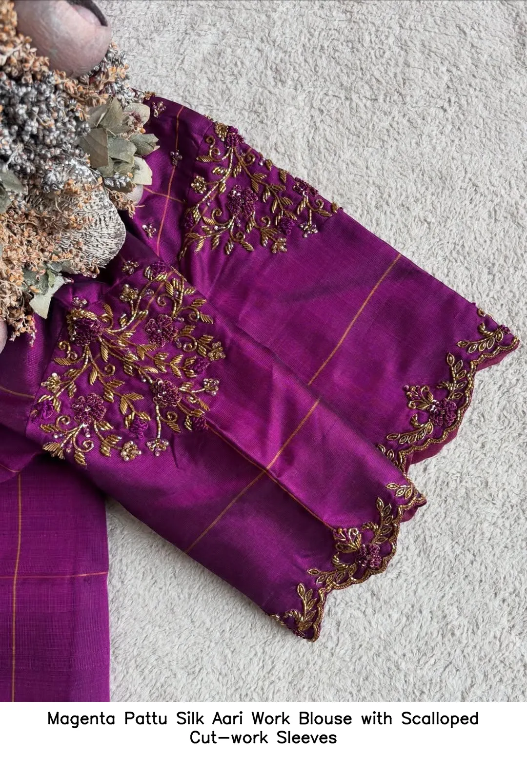 Magenta Pattu Silk Aari Work Blouse with Scalloped Cut-work Sleeves