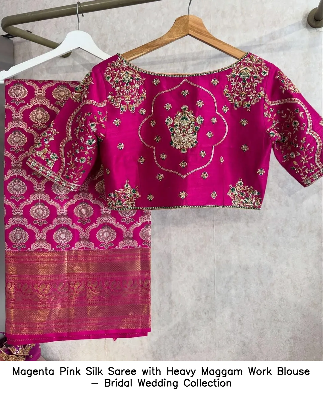 Magenta Pink Silk Saree with Heavy Maggam Work Blouse - Bridal Wedding Collection