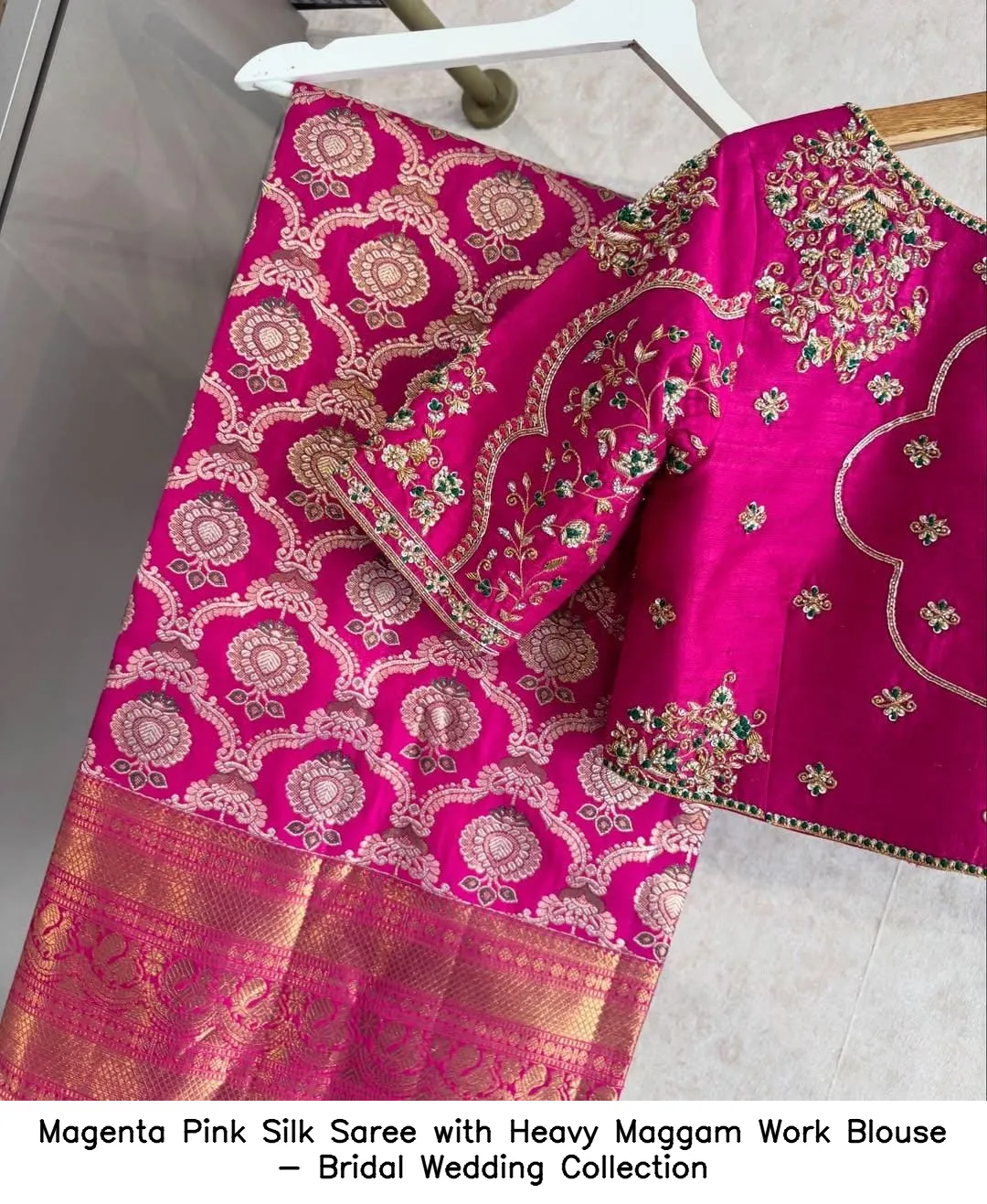 Magenta Pink Silk Saree with Heavy Maggam Work Blouse - Bridal Wedding Collection