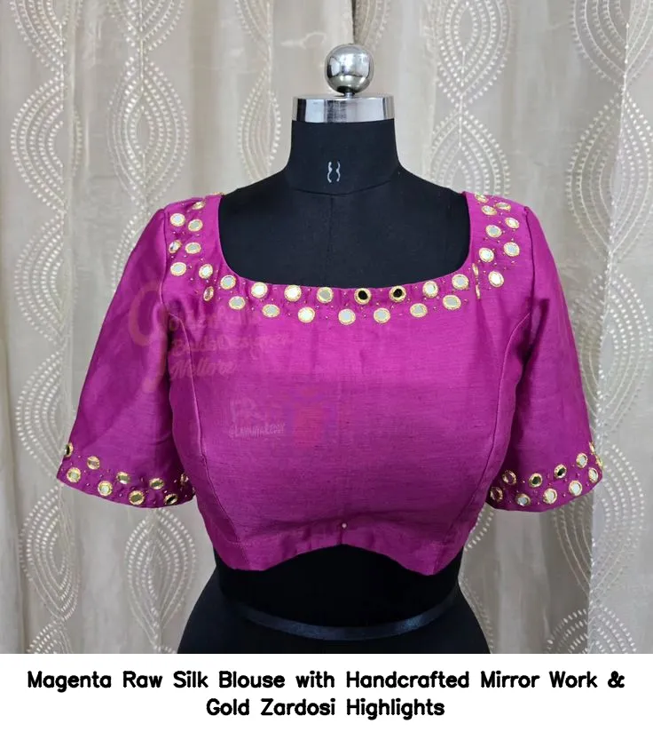 Magenta Raw Silk Blouse with Handcrafted Mirror Work & Gold Zardosi Highlights