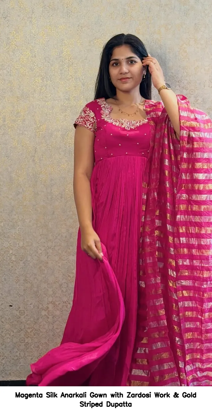 Magenta Silk Anarkali Gown with Zardosi Work & Gold Striped Dupatta